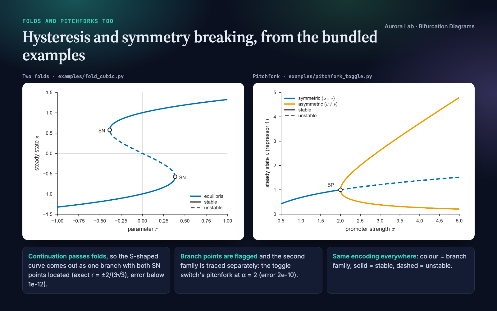 Left: S-shaped curve of steady states with two saddle-node points. Right: a symmetric branch losing stability at a pitchfork where an asymmetric pair of branches appears.