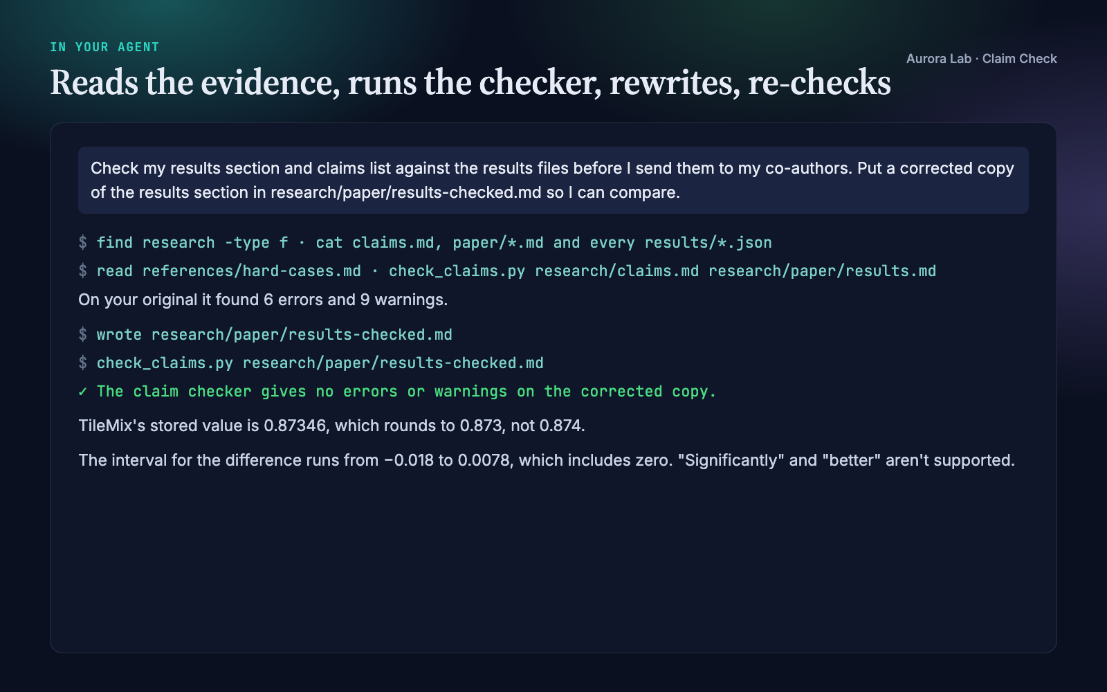 Excerpt of the agent session: reading the research folder, running the checker, writing the corrected copy, re-running the checker, and the final report.