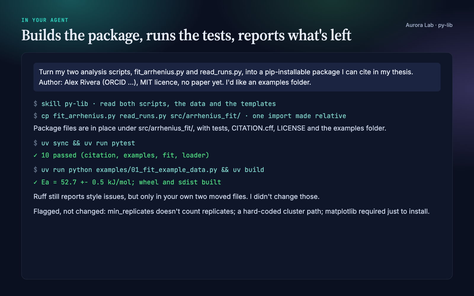 Excerpt of the agent session: the steps, the test run and the report.