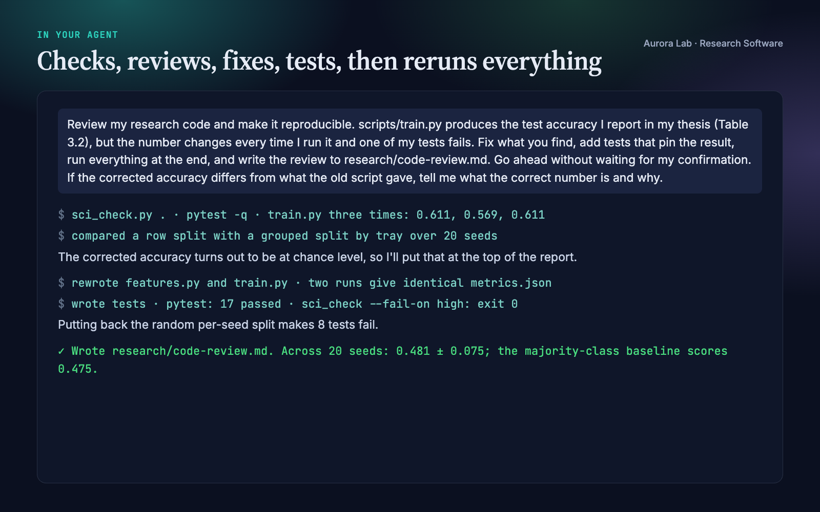 Excerpt of the agent session: running the smell checker, the tests and the script three times, comparing split protocols, rewriting the code, writing tests, a mutation check, and the final report.