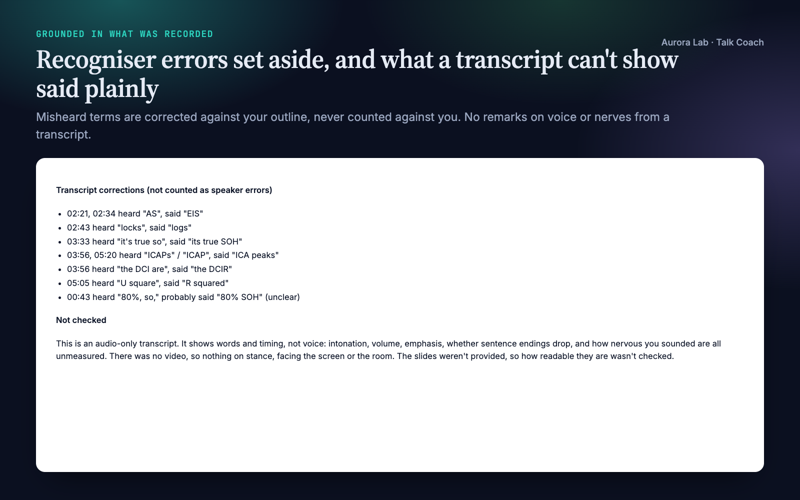 Transcript corrections from the demo, such as AS heard for EIS, ICAPs for ICA peaks, DCI are for DCIR and U square for R squared, followed by the Not checked section: intonation, volume, emphasis and nerves unmeasured, no video, slides not provided.