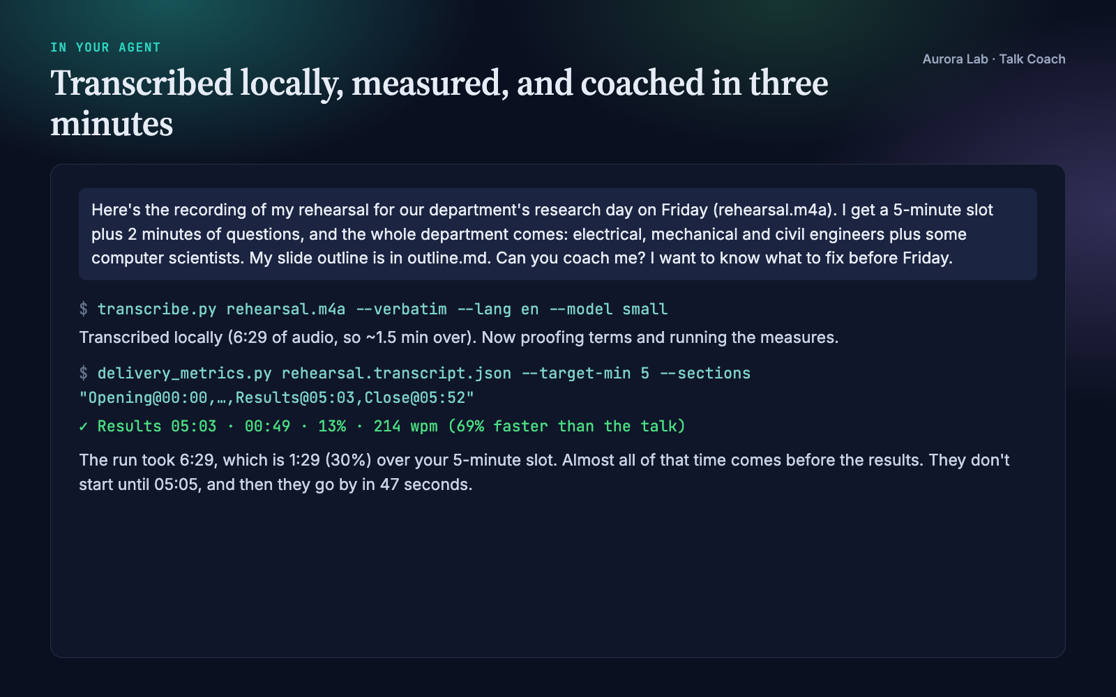 Excerpt of the agent session: local transcription of the rehearsal, the measuring script with sections, the results section flagged at 214 words per minute, and the agent's headline message.