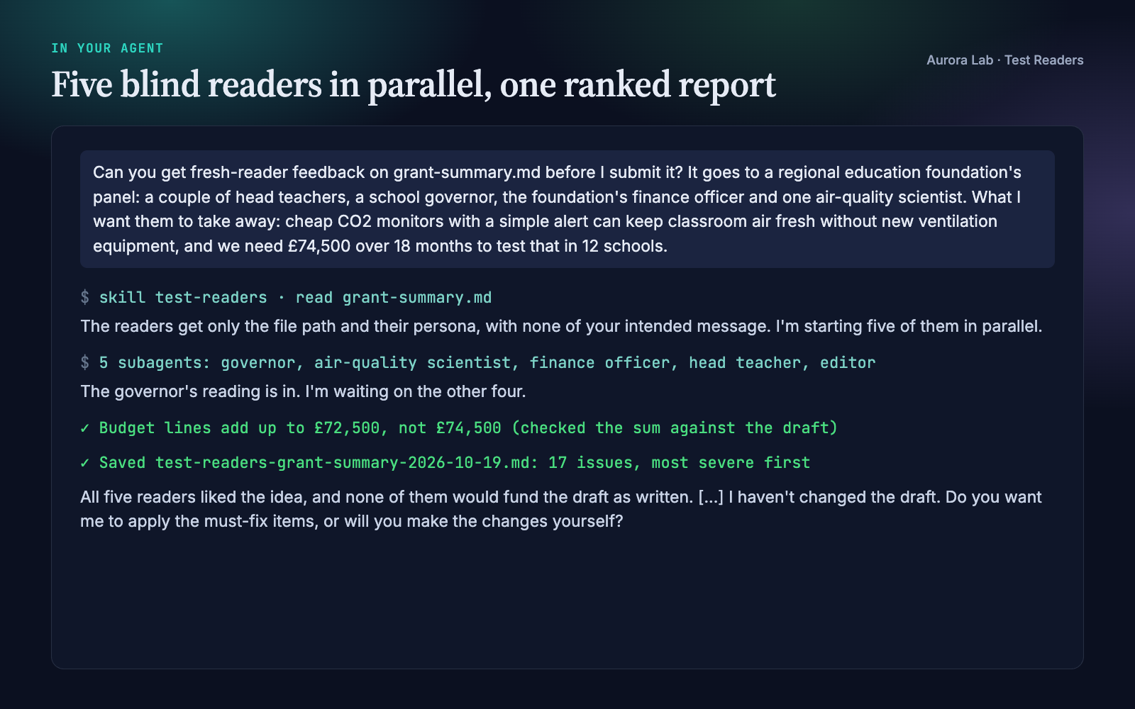 Excerpt of the agent session: the request, five parallel readers, the sum check and the saved report.